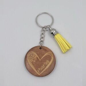 MAMA Wooden Keychain With Yellow Tassel Cute Heart Car Keys Pendant, NEW